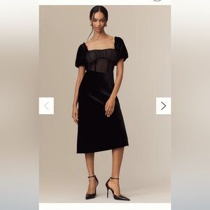 New! Puff-Sleeve Mesh Velvet Midi Dress